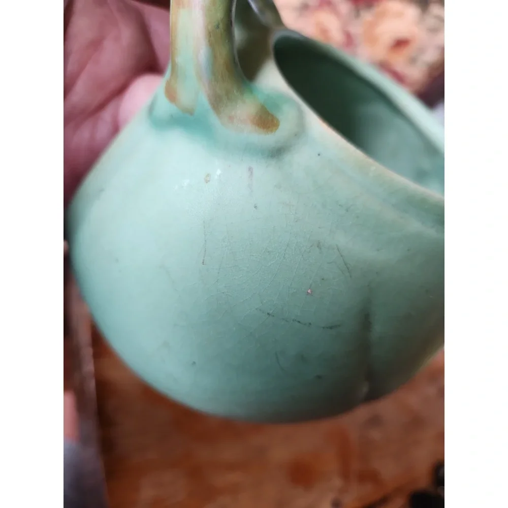 Vintage Weller Art Pottery Wild Rose Matte Green / Blue Basket Vase